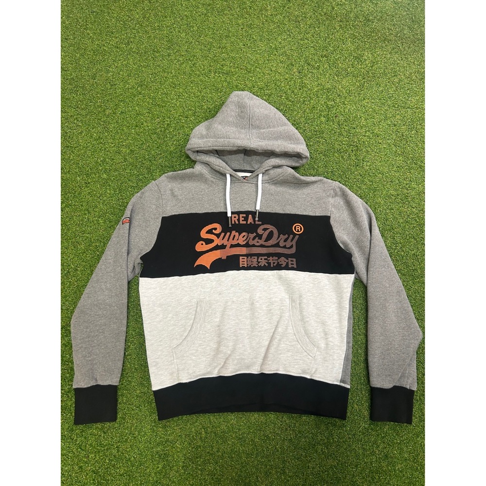 Superdry Mens Hoodie XL Gray Black Colorblock Real Superdry Logo Pullover